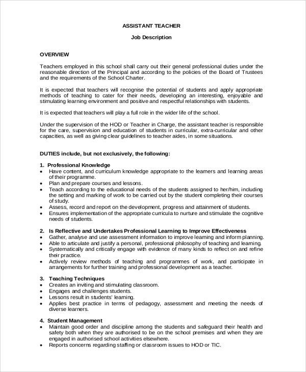 assistant teacher job description