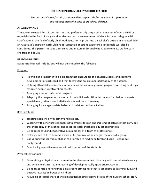 FREE 12 Sample Teacher Job Description Templates In MS Word PDF