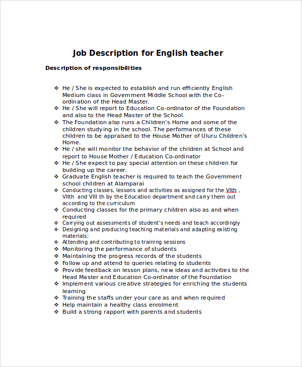 Elementary english teacher job description