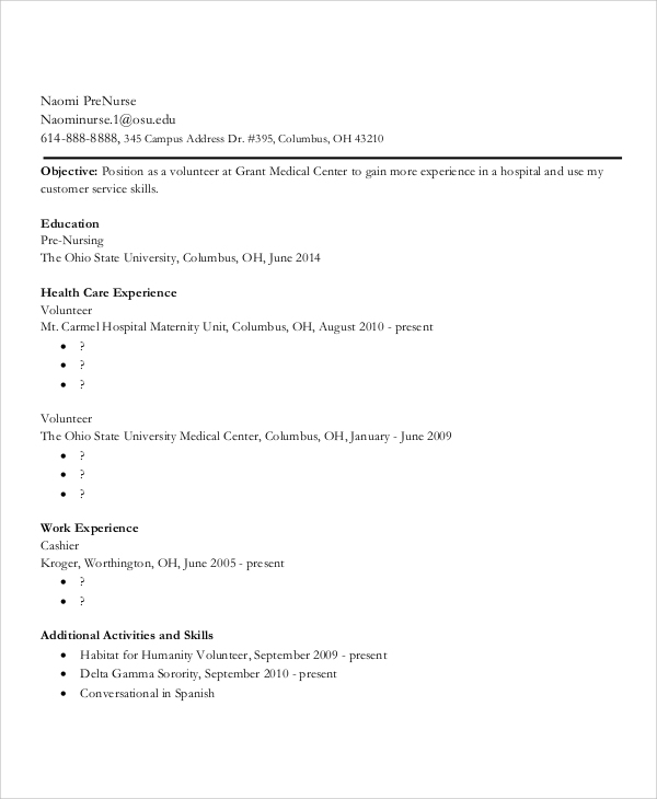 pre nursing student resume
