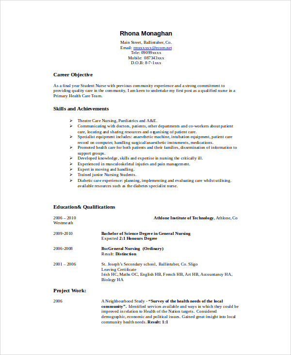 resume objective examples for nursing