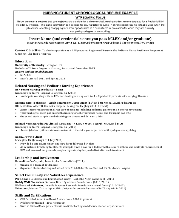 nursing student chronological resume example