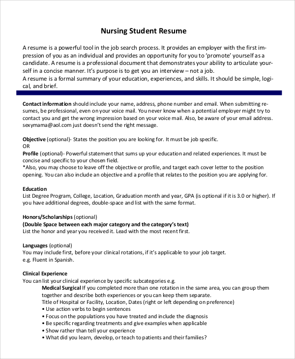 FREE 8 Sample Nursing Student Resume Templates In MS Word PDF