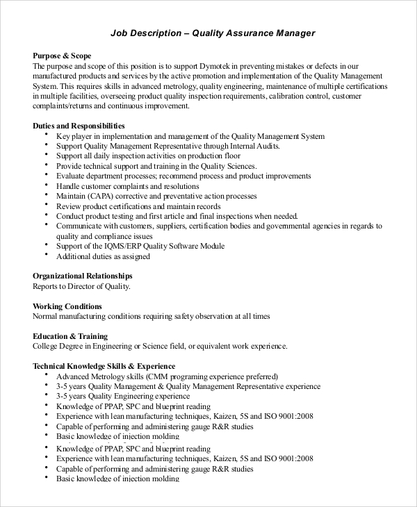 FREE 10+ Sample Quality Assurance Job Description Templates in PDF | MS