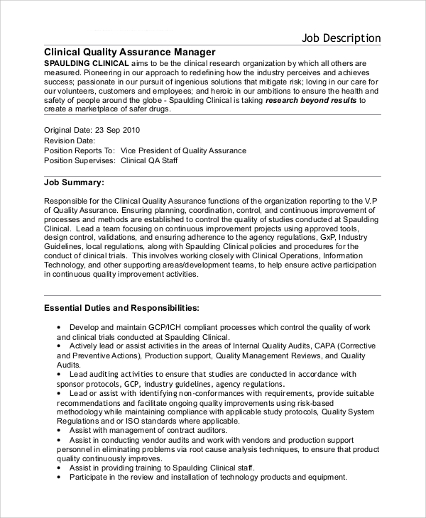 clinical quality assurance manager job description