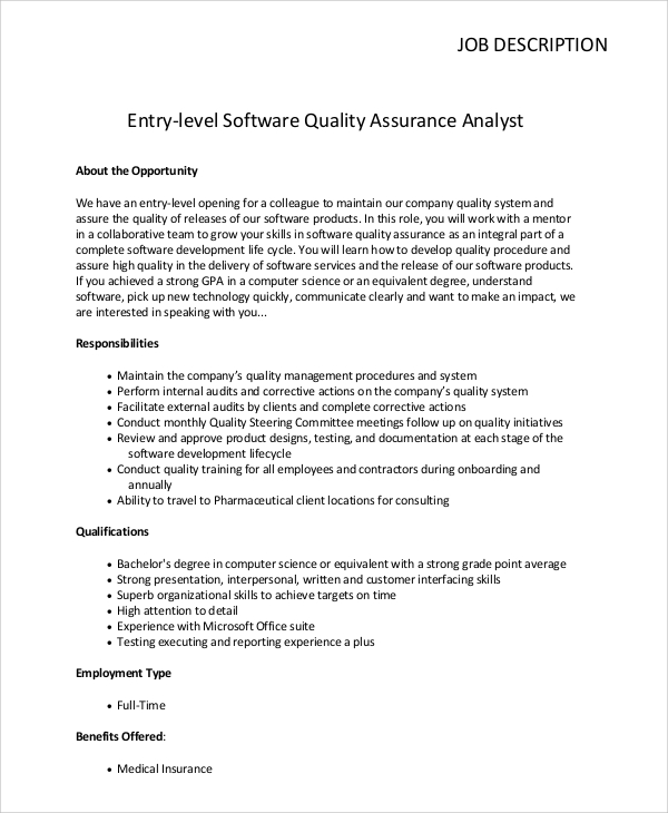 Sample Quality Assurance Job Description - 10+ Examples in 