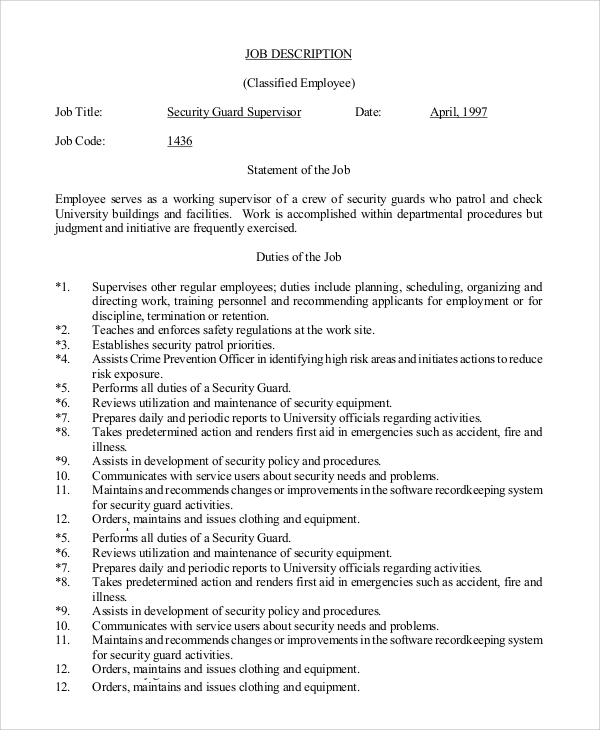 Security Officer Job Description Resume Download Security Guard Job Description Templates 