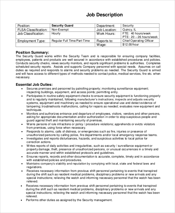 residential security guard job description