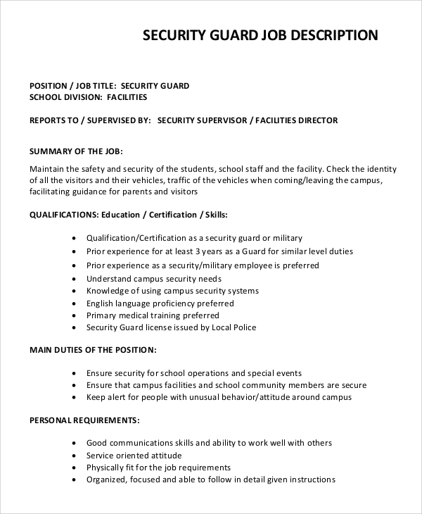 FREE 10 Sample Security Guard Job Description Templates In PDF MS Word