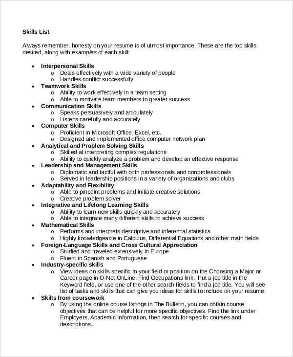 resume skills list example