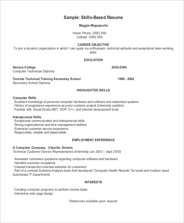 example of a skills based resume format