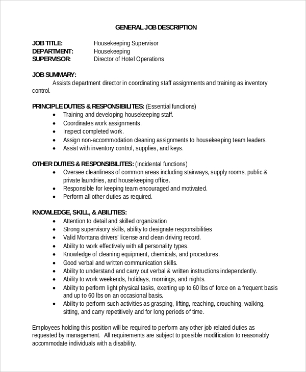 Free 8+ Sample Housekeeping Job Description Templates In Pdf | Ms Word