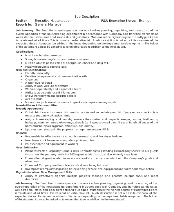 Housekeeping Job Description Resume at Clark Smith blog