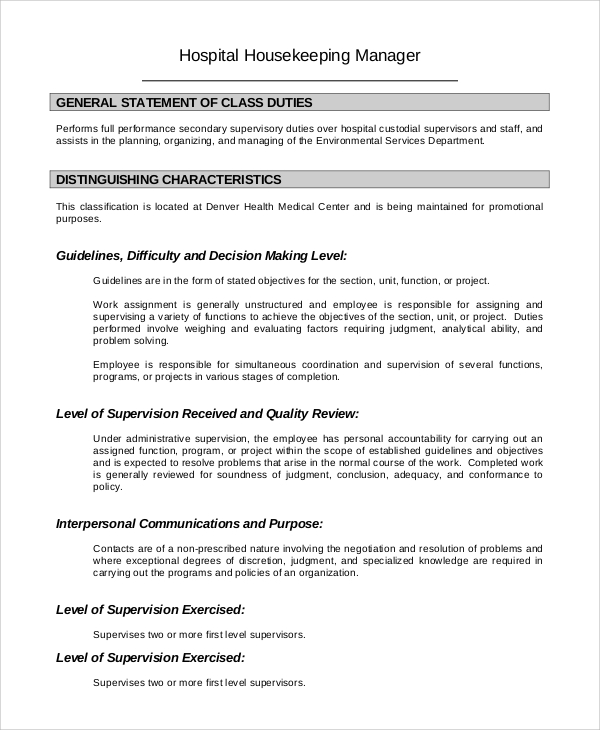 FREE 8+ Sample Housekeeping Job Description Templates in PDF MS Word