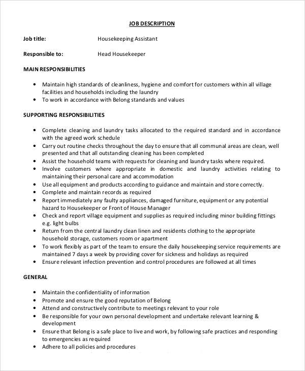 Housekeeping Job Description For Resume - The Cover Letter For Teacher