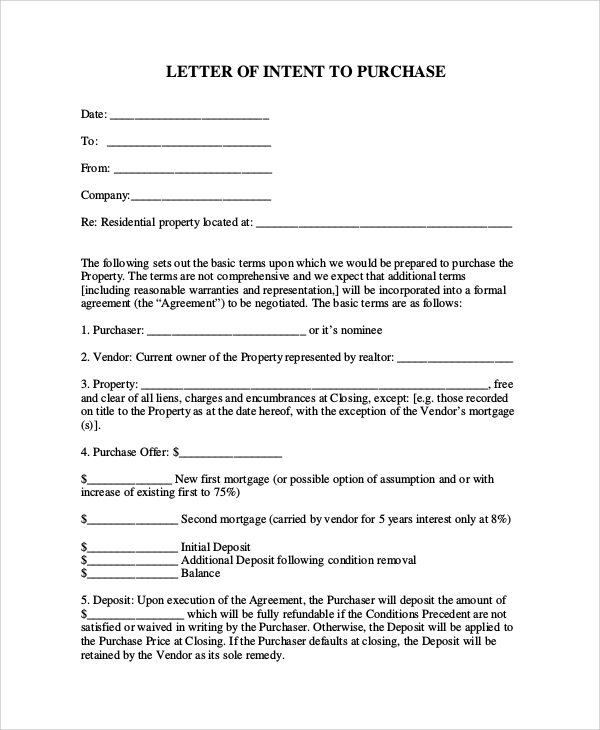 sample letter of intent to purchase