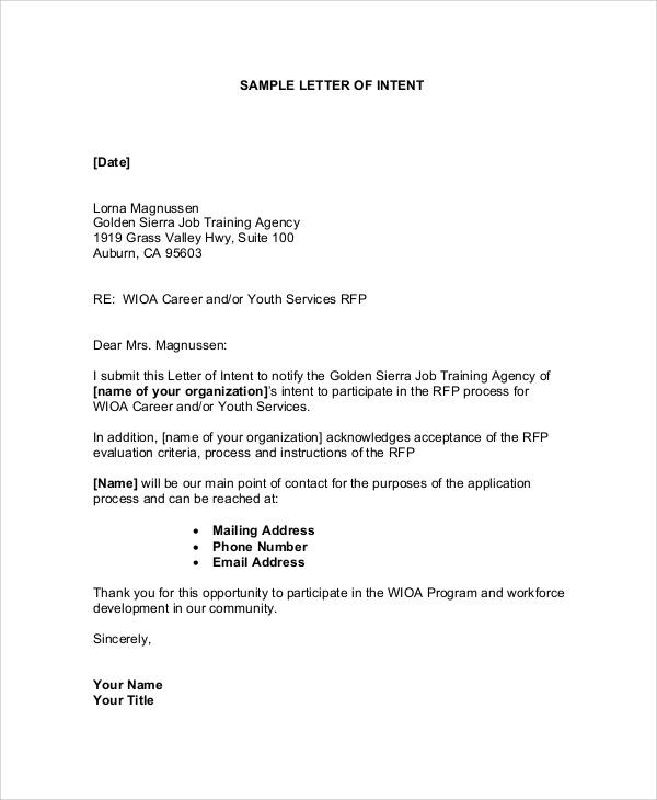 sample letter of intent to notify
