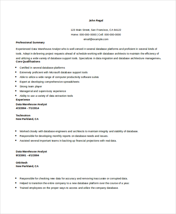 data warehouse business analyst resume