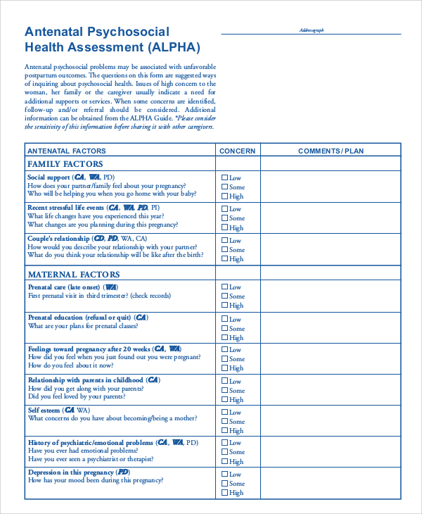 Sample Psychosocial Assessment Forms