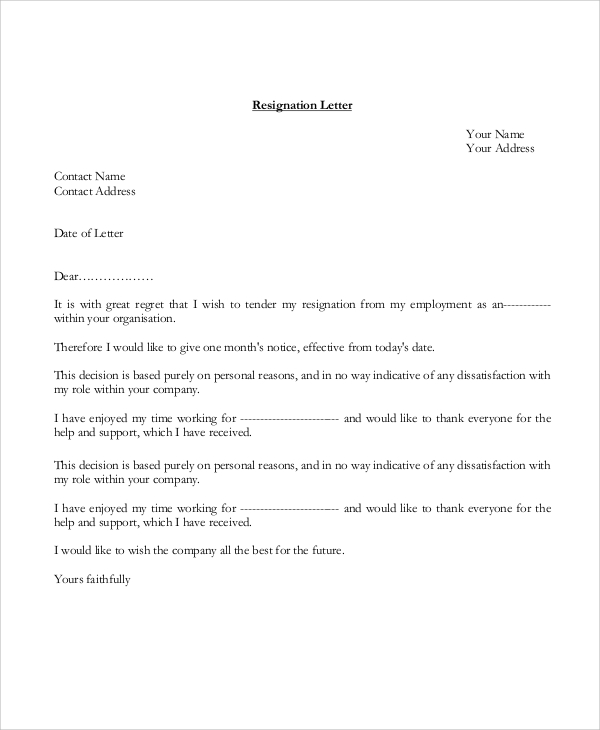 formal tender resignation letter