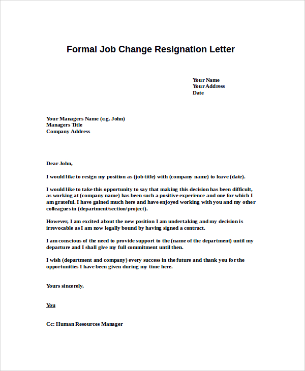 formal job change resignation letter