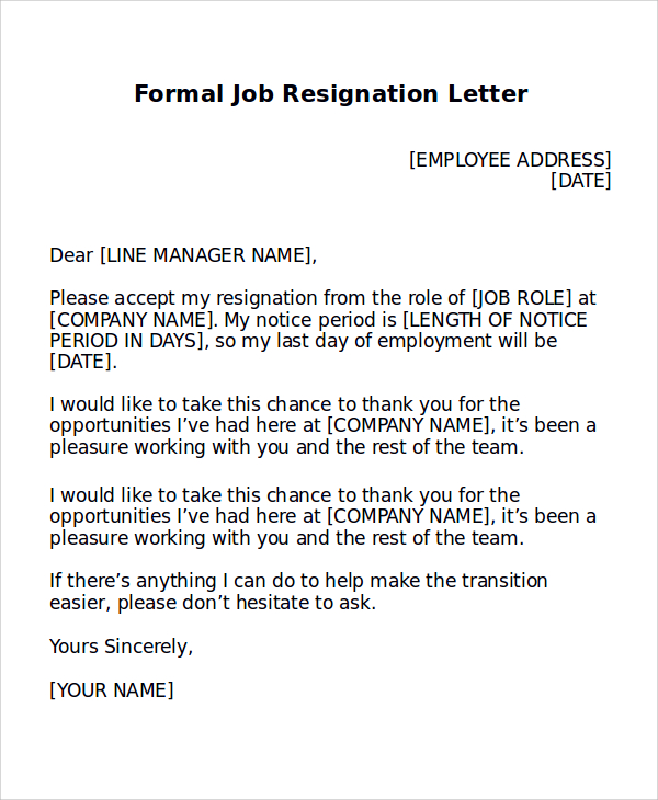 FREE 11 Formal Resignation Letter Samples In MS Word PDF