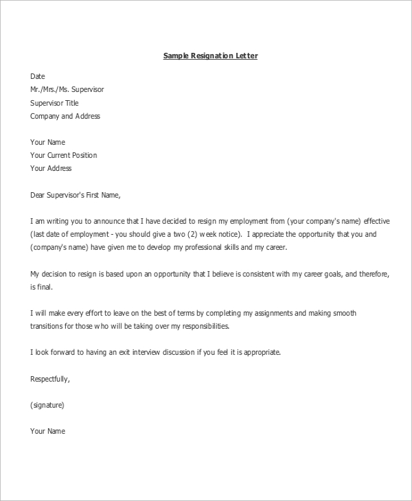 FREE 6+ Formal Resignation Letter Samples in MS Word PDF