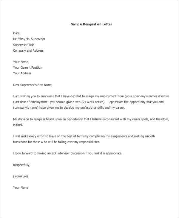 FREE 11 Formal Resignation Letter Samples In MS Word PDF