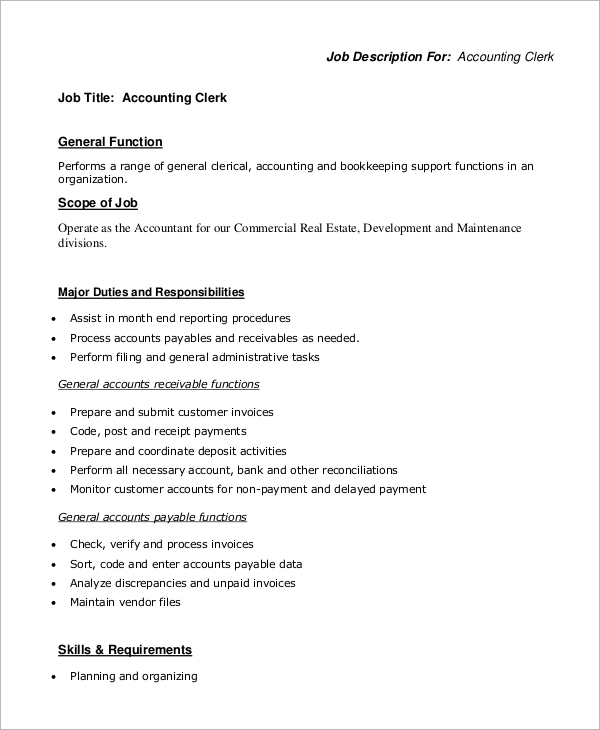 Bookkeeping clerks job description