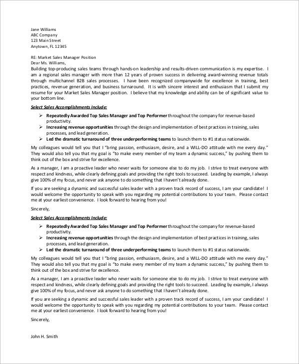 sales and marketing cover letter