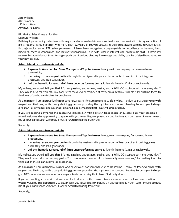 sample of cover letter for sales and marketing position