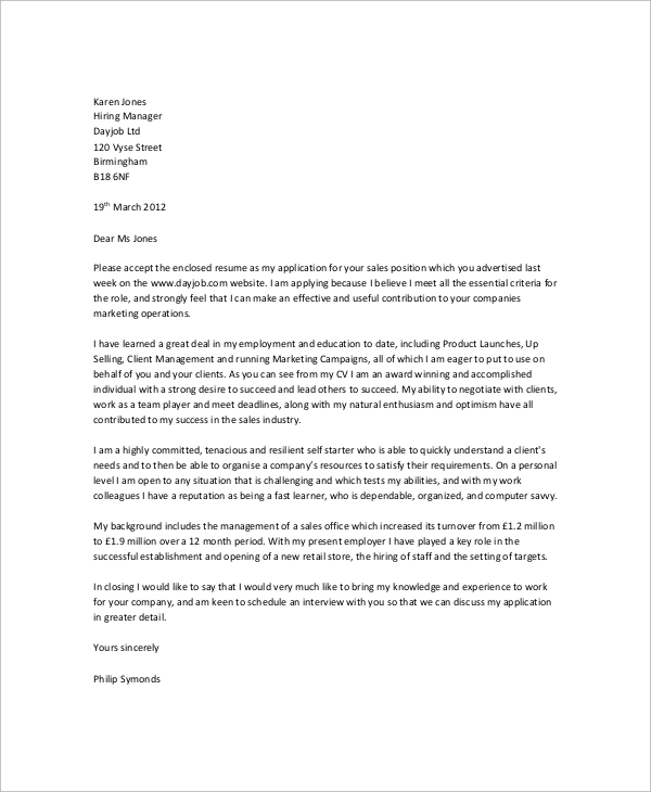 cover letter for sales job application