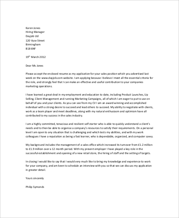 how to write a simple application letter for sales representative