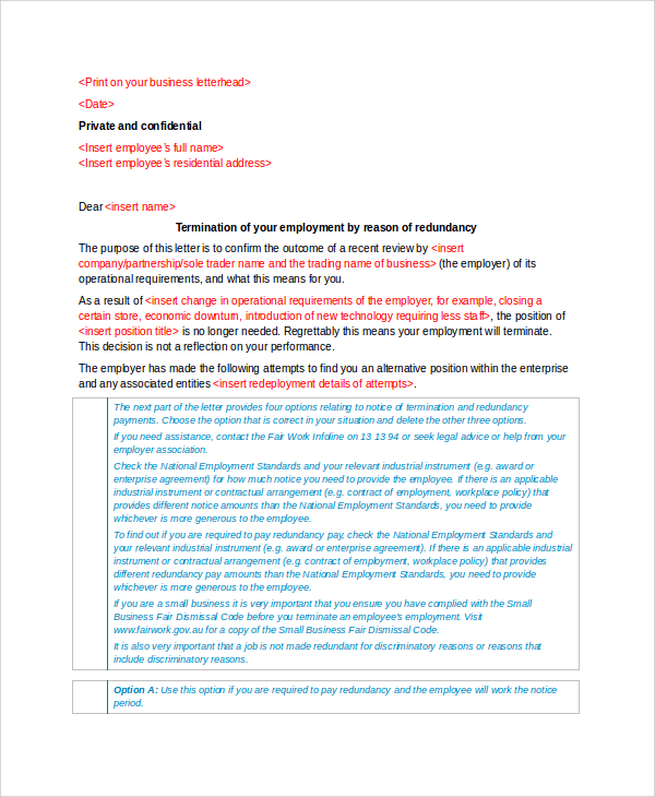 employee termination letter format due to redundancy