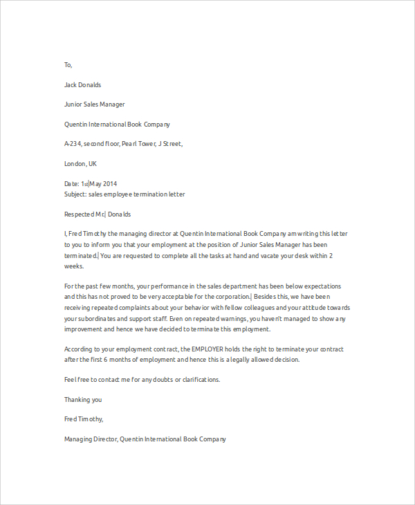 sales employee termination letter