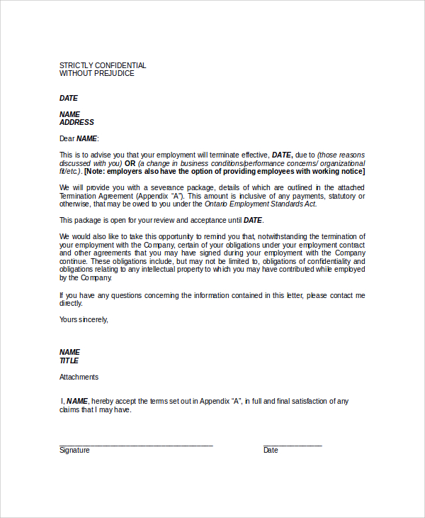 format of termination letter of employee