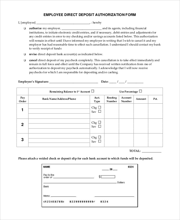 direct deposit employee authorization form