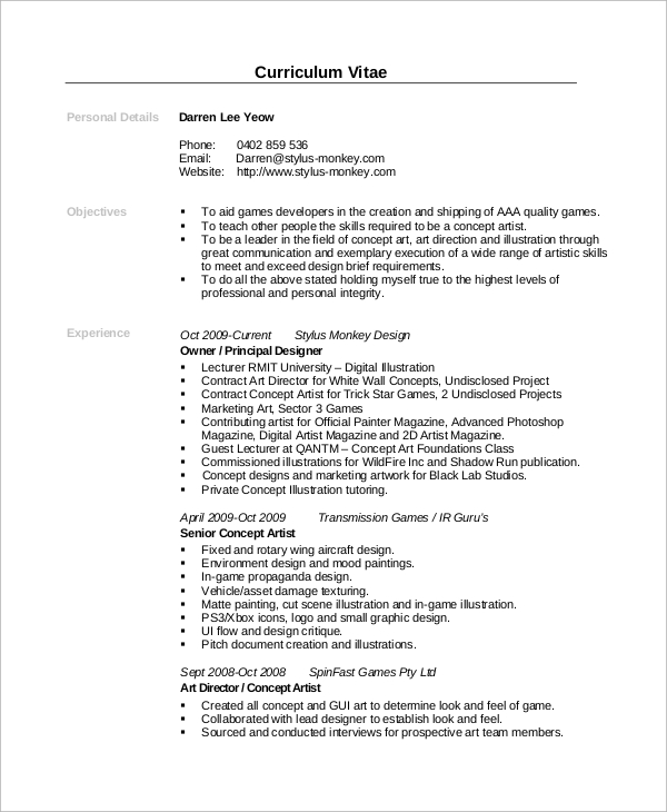 Artist Resume Template Free Download
