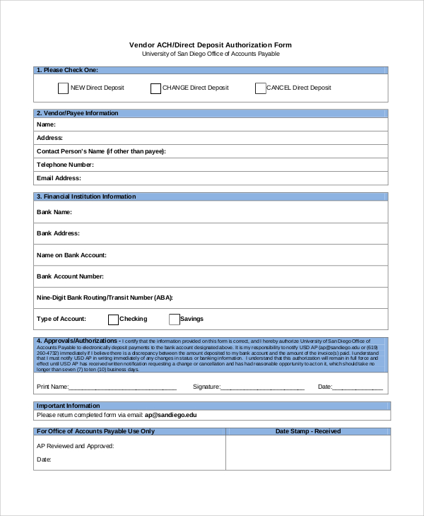 vendor direct deposit authorization form