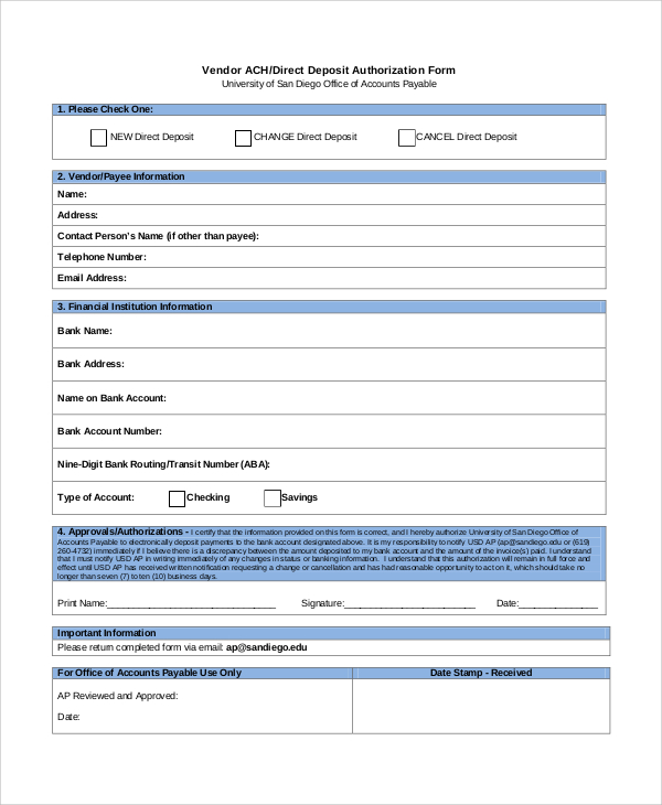 Vendor Ach/Direct Deposit Authorization Form Template