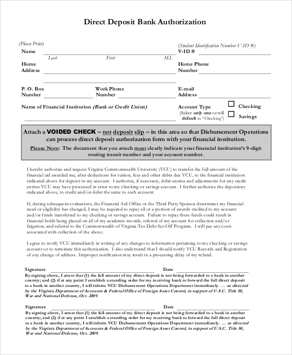 Free 10 Sample Direct Deposit Authorization Forms In Pdf Ms Word 2990