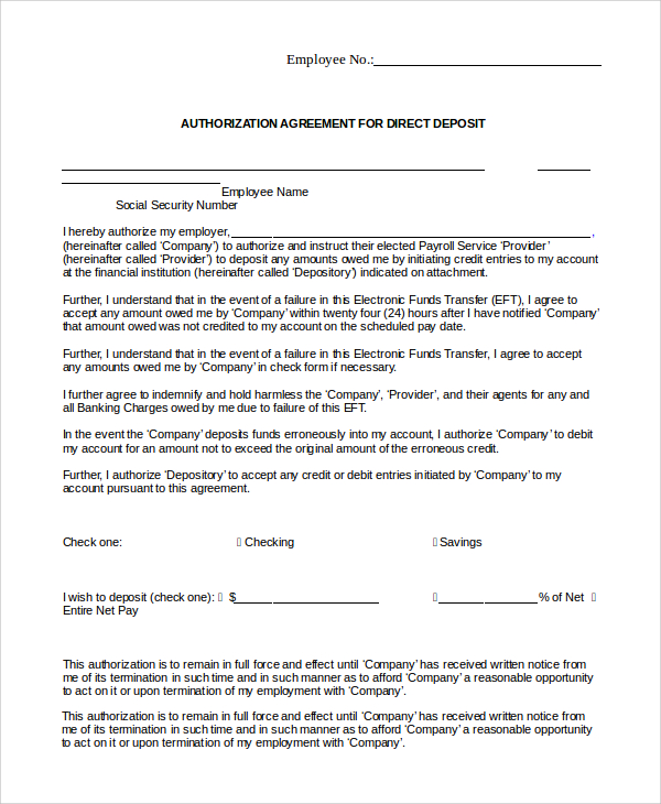 authorization agreement for direct deposit form