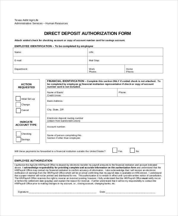 10 sample direct deposit authorization forms sample templates