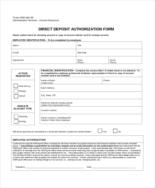 10 Sample Direct Deposit Authorization Forms Sample Templates