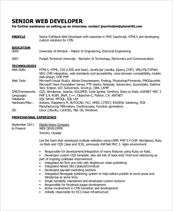 senior web developer resume