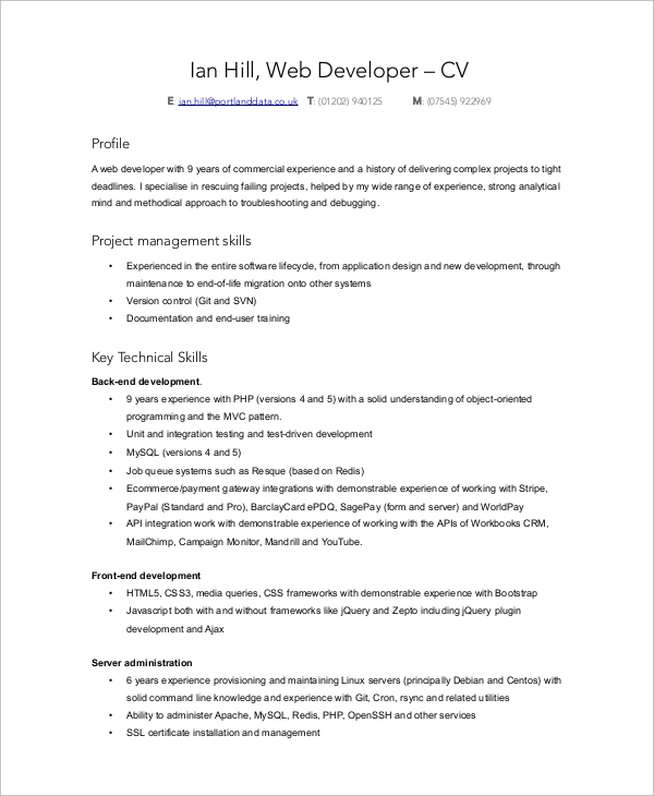 sample web developer resume