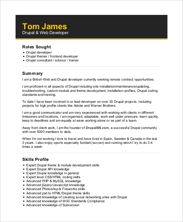 Web developer resume technical skills