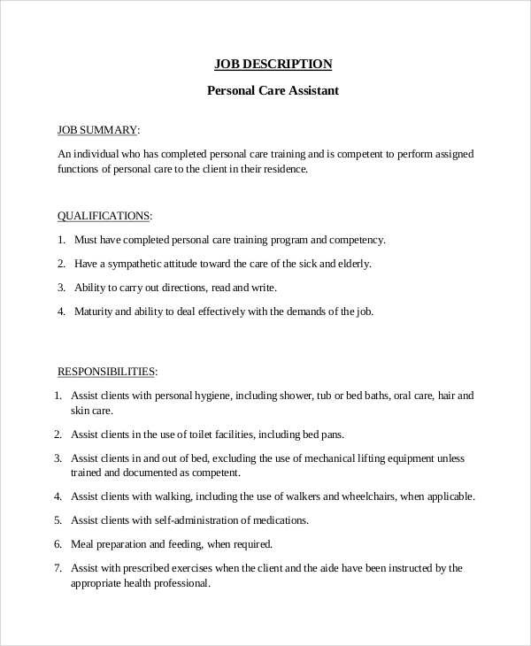personal care assistant job description