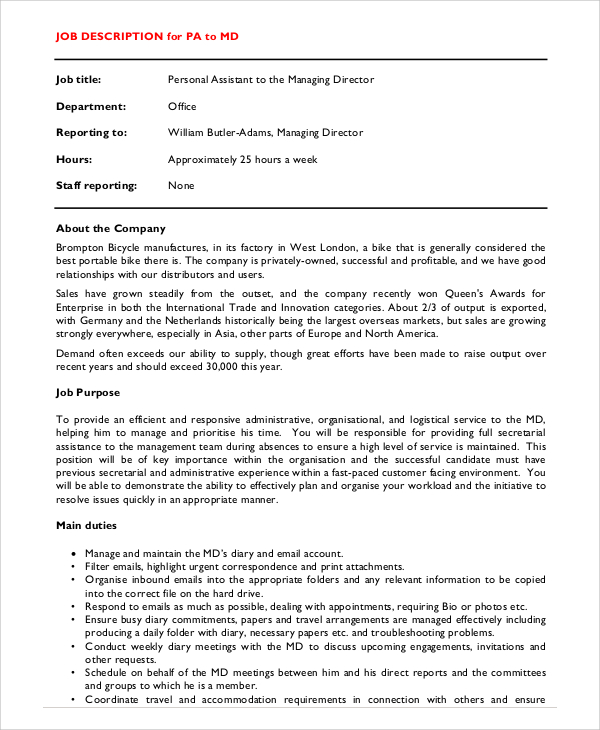 Free 9 Sample Personal Assistant Job Description Templates In Pdf Ms Word