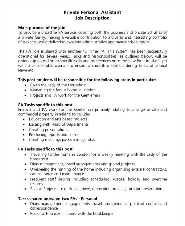 private personal assistant job description